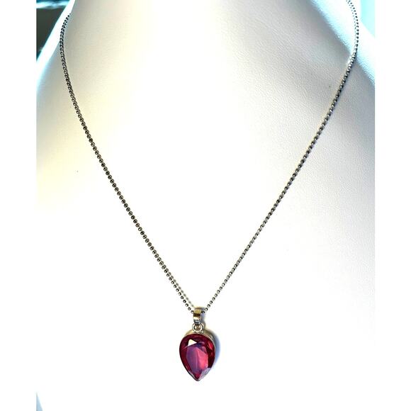 Deep Red Pink Translucent Teardrop Pendant on Sterling Ball Bead Chain 18” - Picture 2 of 10